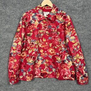 Coldwater Creek Plus Sz 2X Shirt Shacket Red Floral Textured Cotton Long Sleeves